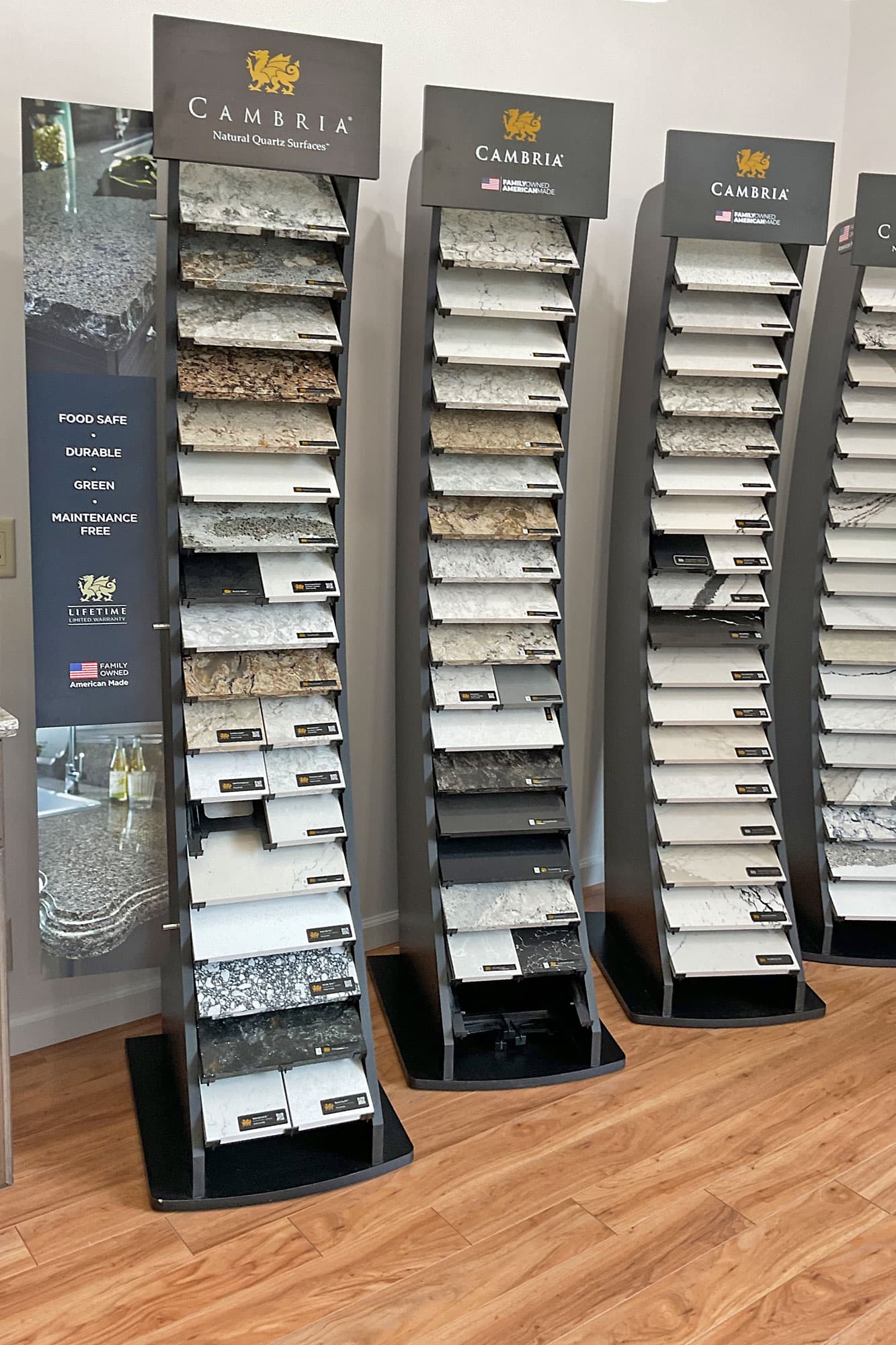 Cambria quartz sample displays in our showroom